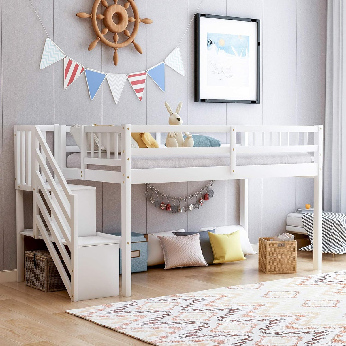 Twin Over Full/Twin Bunk Bed with Staircase Storage Shelves Drawers White G206