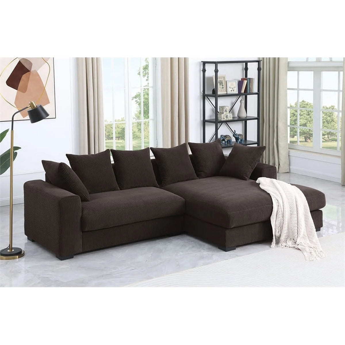Brown Corduroy Upholstered Sectional Sofa with Chaise X577