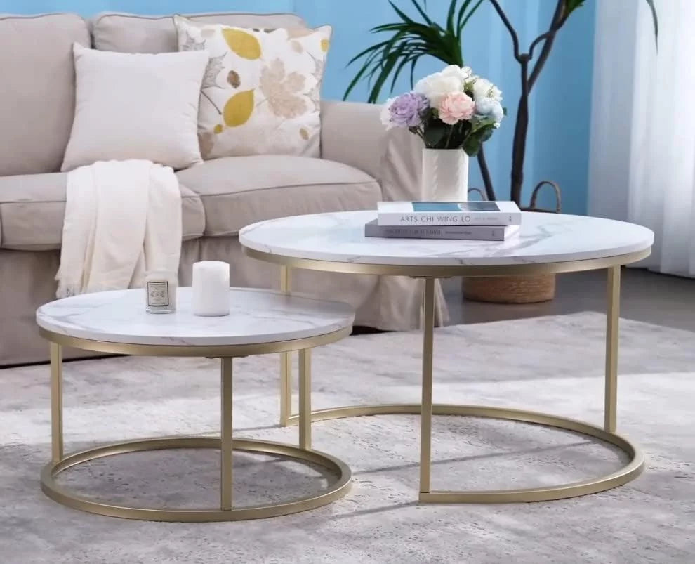 Round Nesting Coffee Tables Set of 2 Marble Black Metal V9914