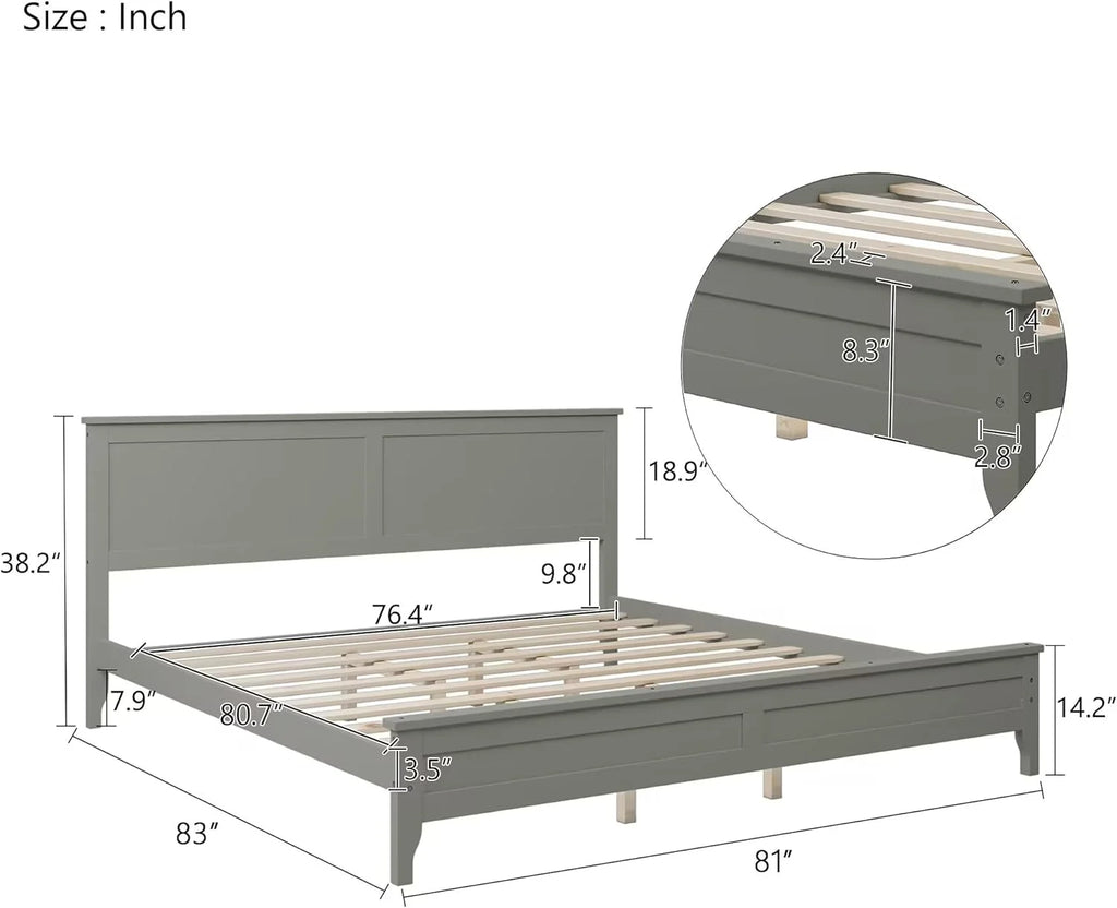 Gray Solid Wood Platform Bed Frame with Headboard F94418