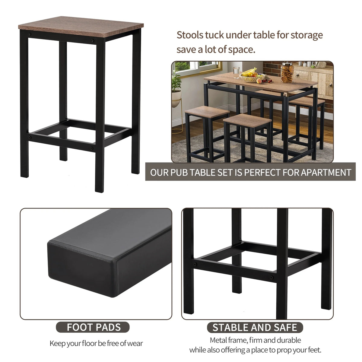 5-Piece Dark Brown Bar Table and Chairs Set Q247536