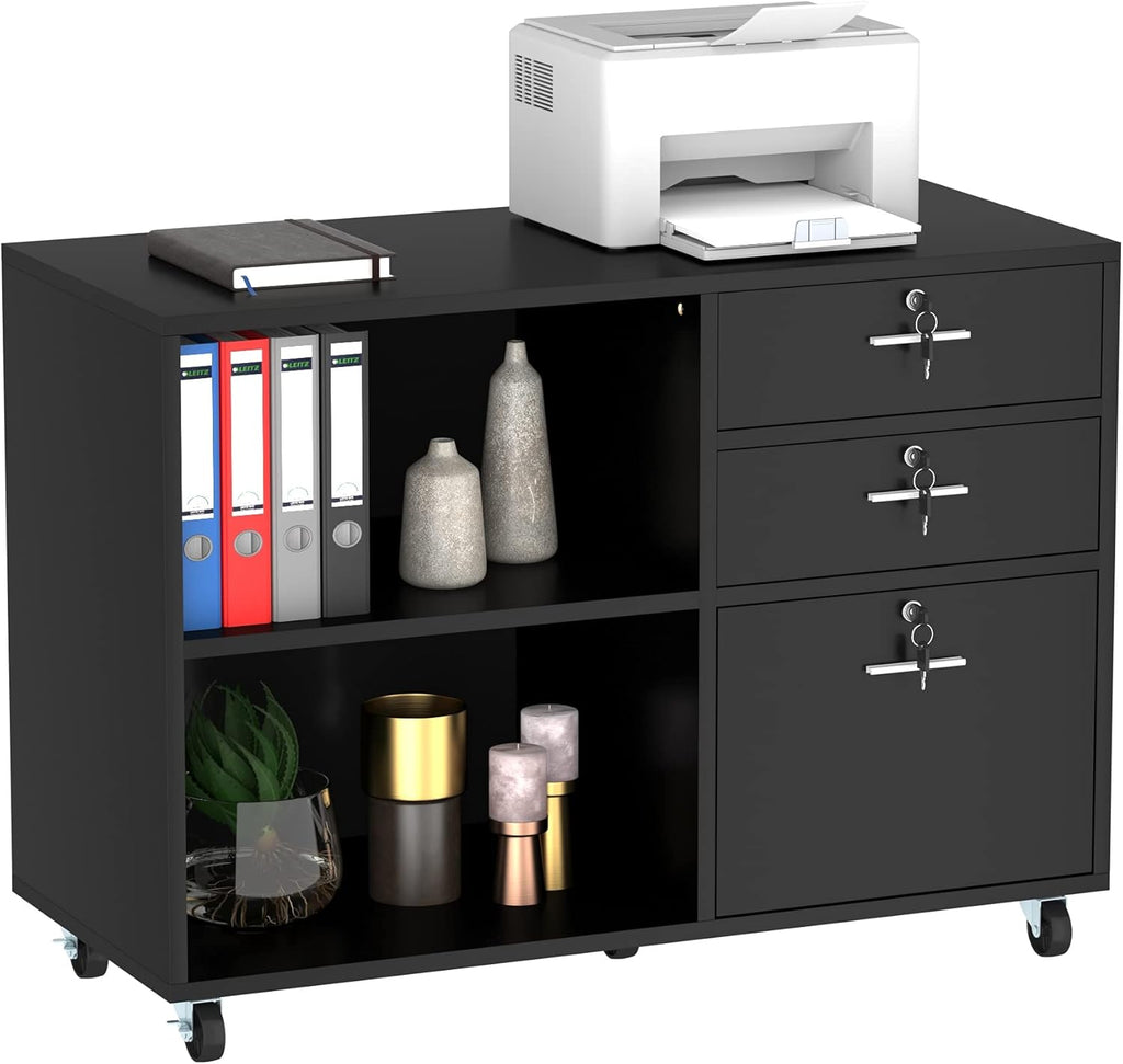Wood 3 Drawer Mobile File Cabinet with 2 Open Shelves D474