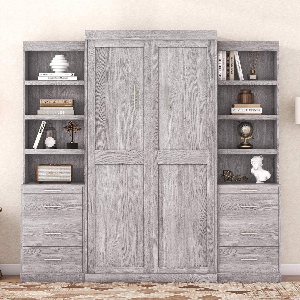 Twin Size Murphy Bed with Wardrobe and Drawers A36461