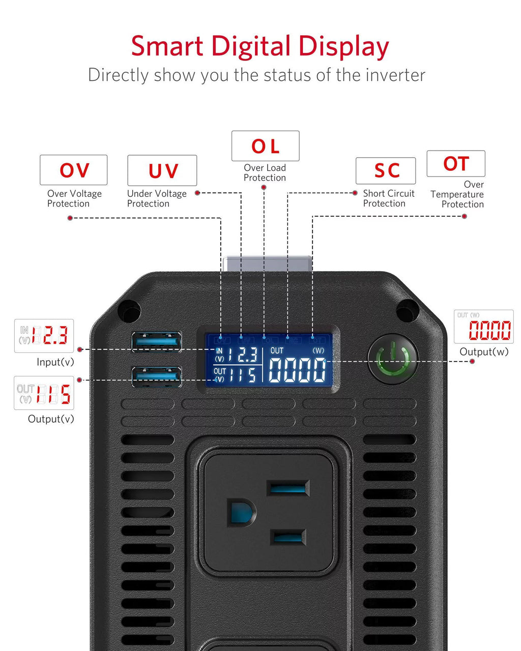 1200W Power Inverter DC 12V to 110V AC Converter with LCD Display Dual USB Car Charger B418