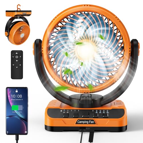 Camping Fan with LED Lantern, 8000mAh Rechargeable Battery Powered Tent Fan with Remote, 4 Speed D97836