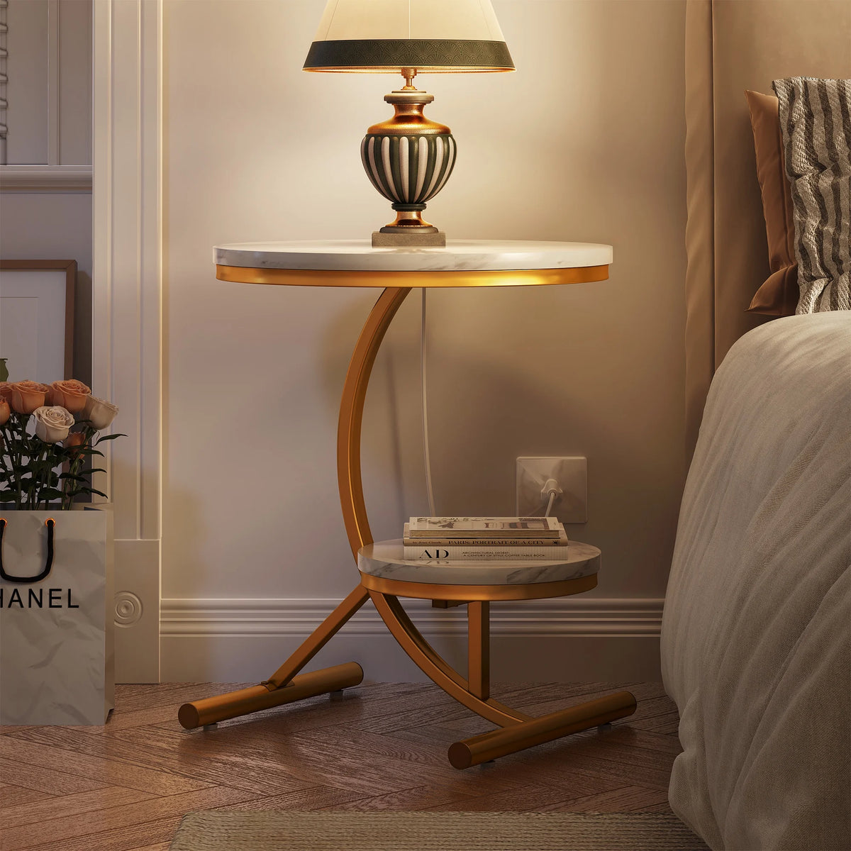 Round Faux Marble End Table with Storage Shelf O490985