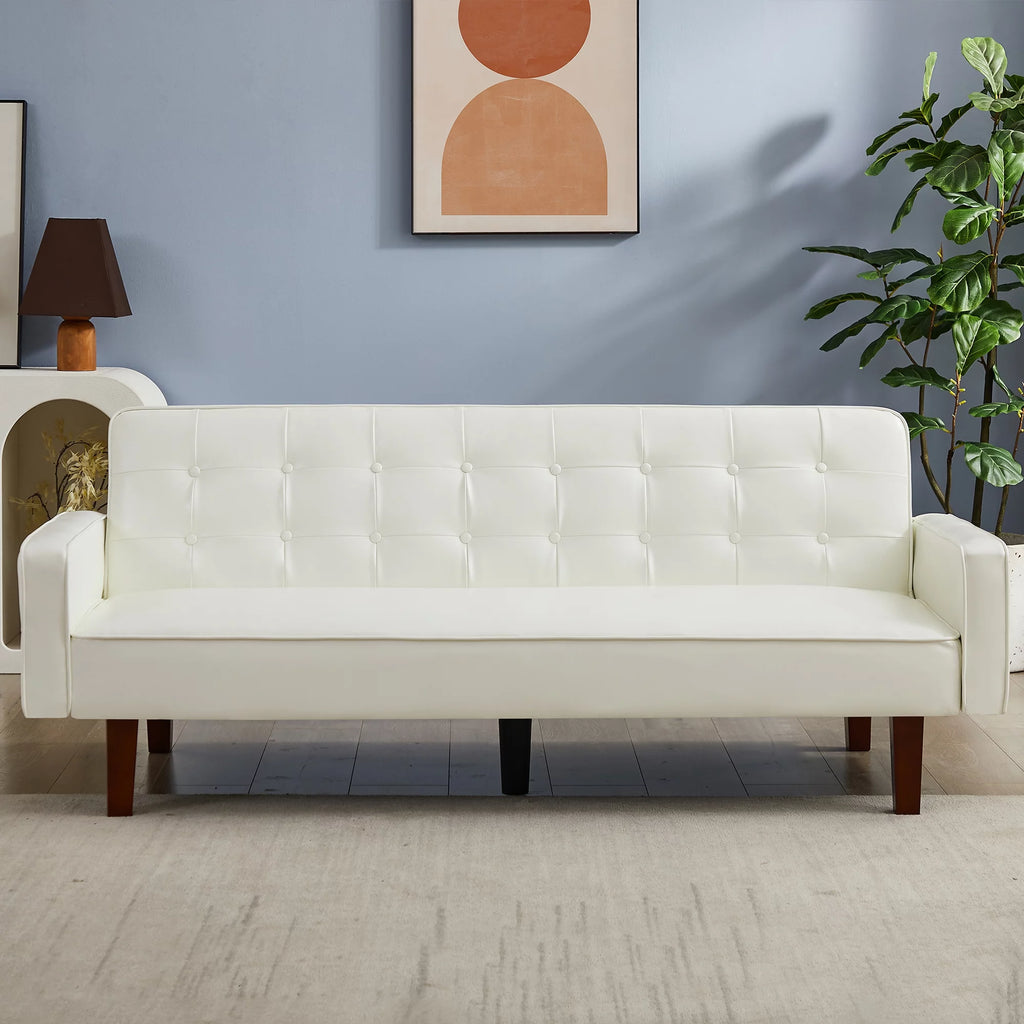 White Faux Leather Button Tufted Convertible Sleeper Sofa Bed N2725