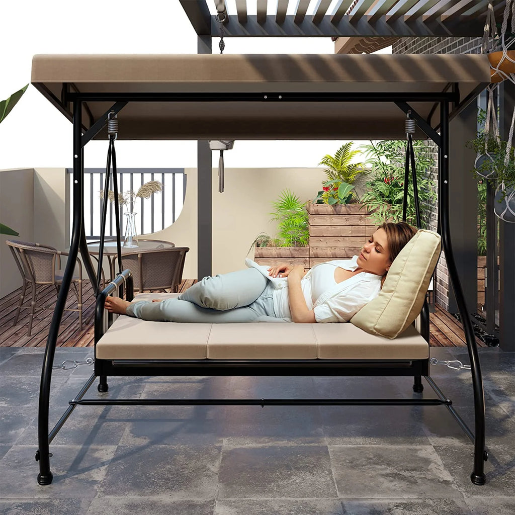 3 Person Outdoor Swing Chair with Adjustable Canopy and Cushion M573502