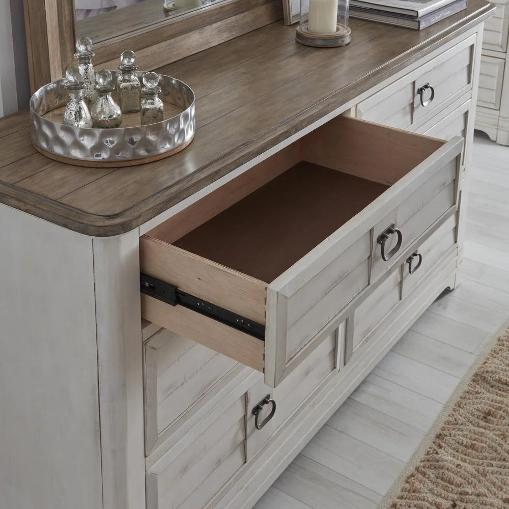 White-Washed Wood 6-drawer Dresser and Mirror T647