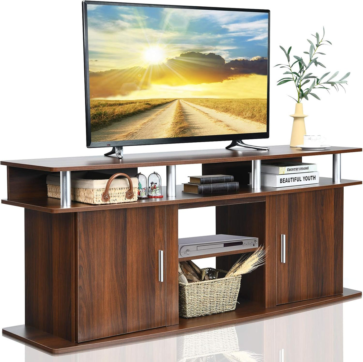 Black TV Stand with 2 Cabinets & Open Shelves Z11482