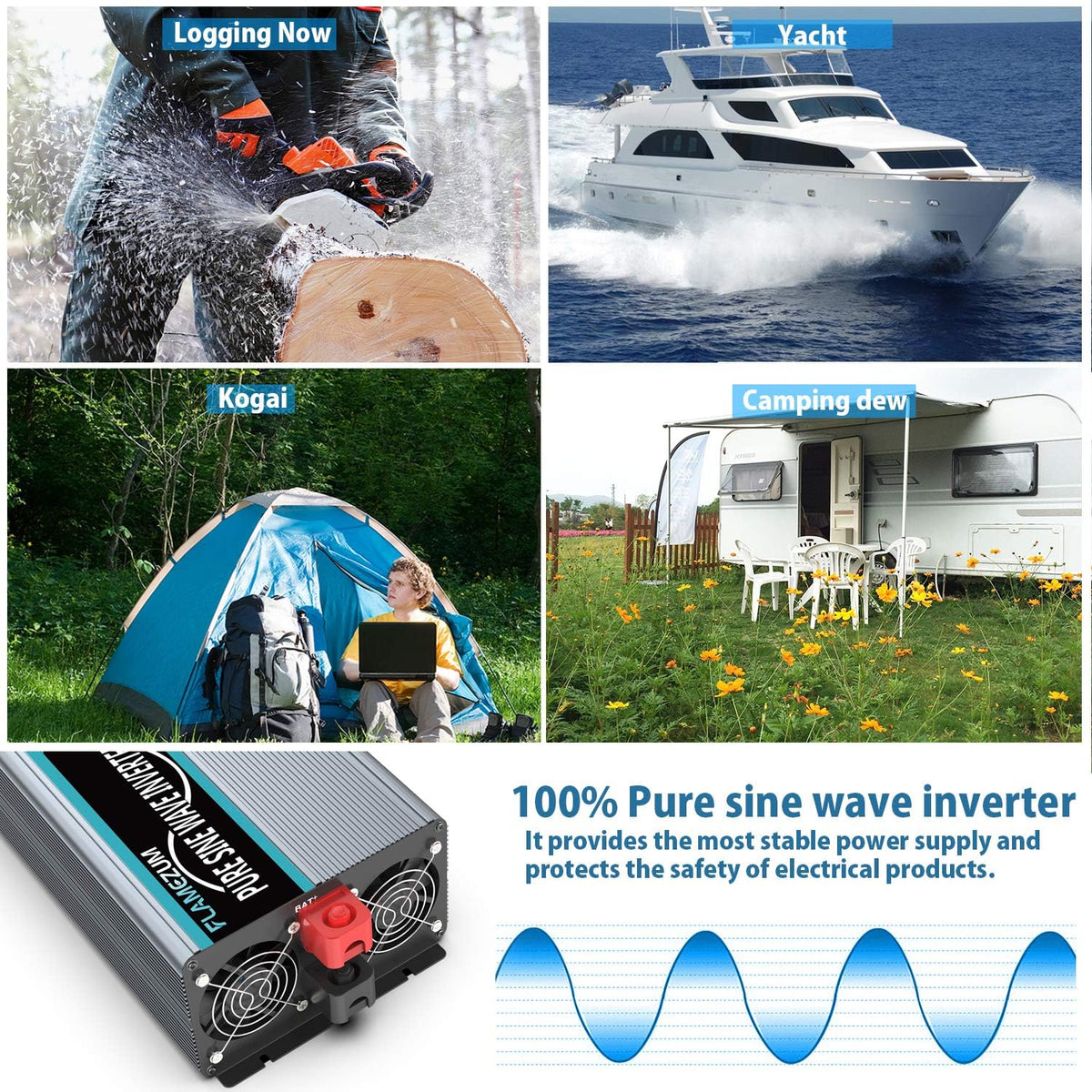 Pure Sine Wave Power Inverter 4000Watt 12V DC to AC 110V with Remote Control 4 AC Outlets Dual USB Port W190378