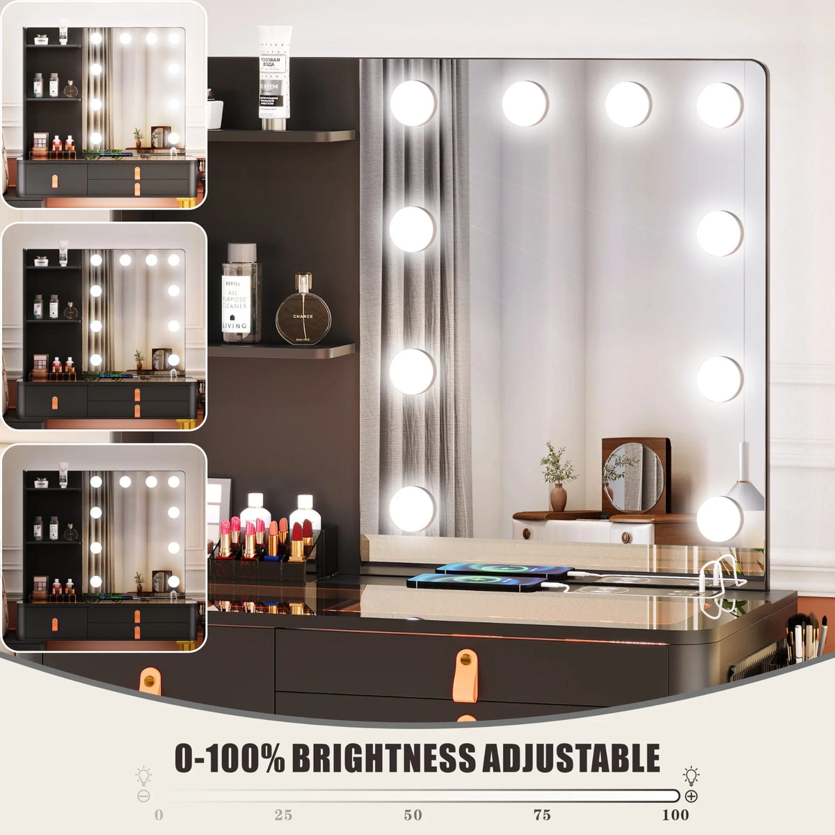 Black Makeup Vanity Desk Set with Mirror and Led Lights R44632