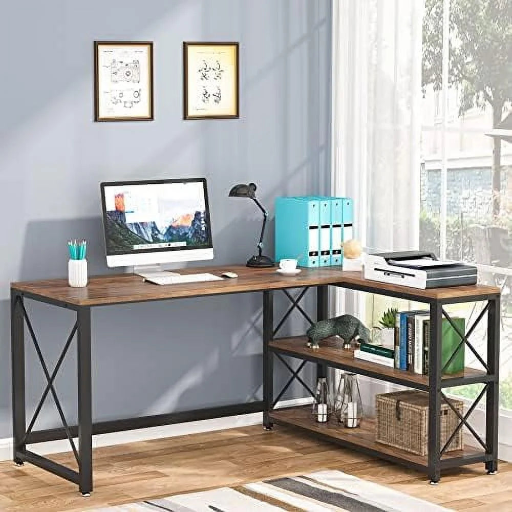 Reversible L-Shaped Corner Computer Desk with Shelves V910872