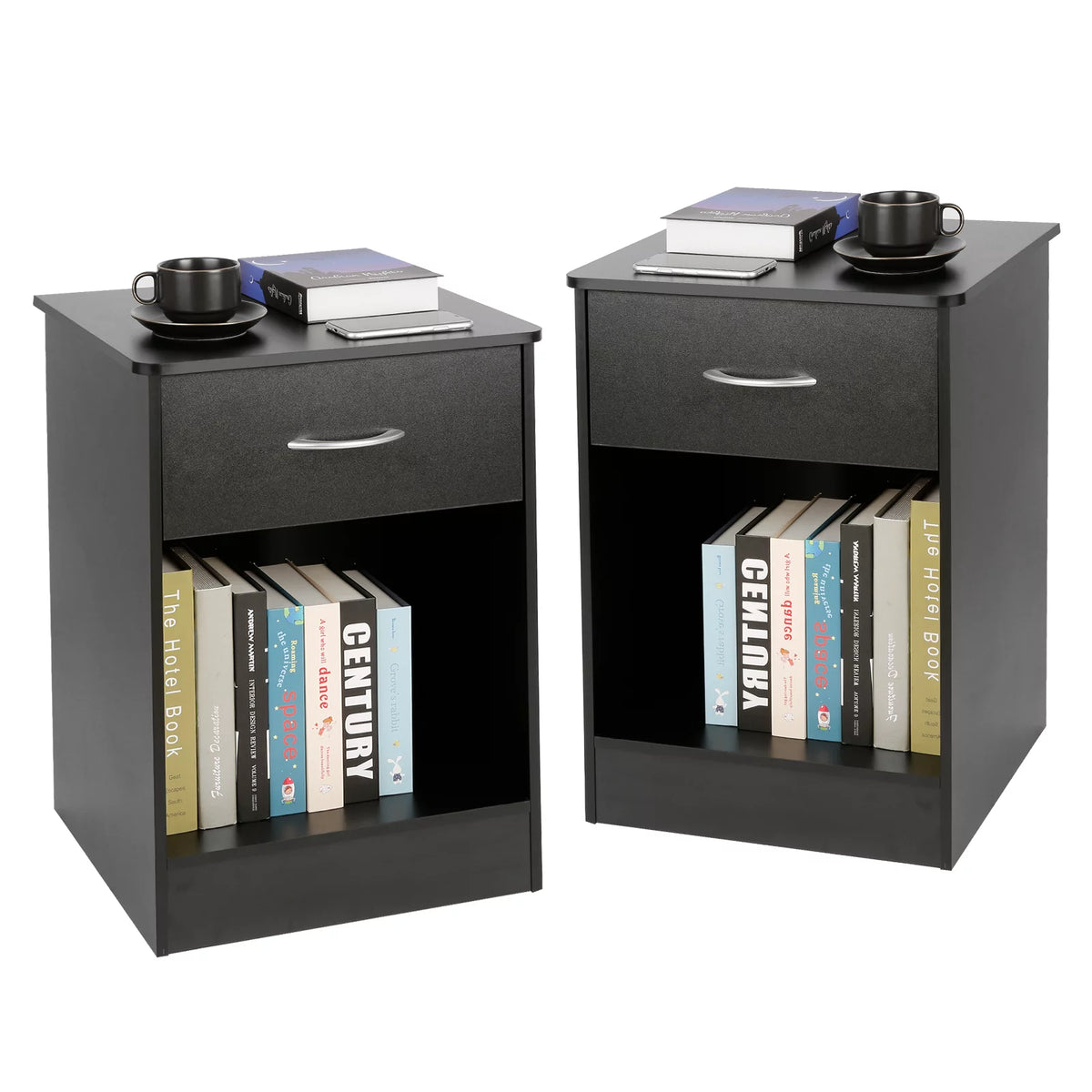 Black 2pcs Wood Nightstand with Drawer F89951