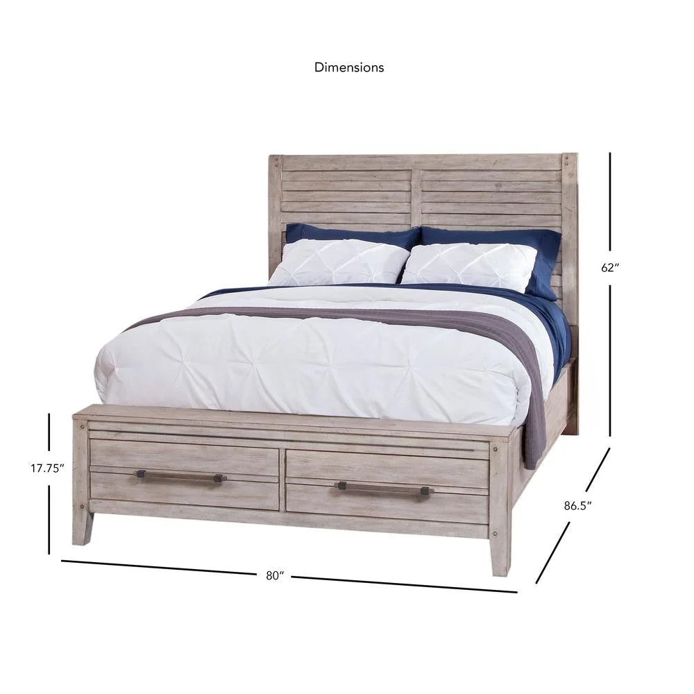 White-washed Wood King Panel Bed with Storage Z3246