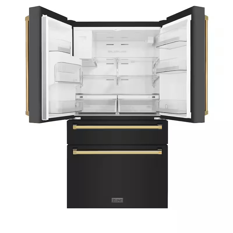 36 in. 4-Door French Door Refrigerator with Ice & Water Dispenser in Black Stainless & Polished Gold J4757