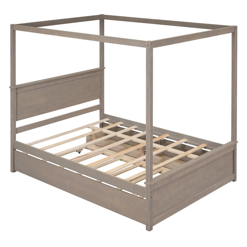Full Size White Wood Canopy Platform Bed with Trundle Y580