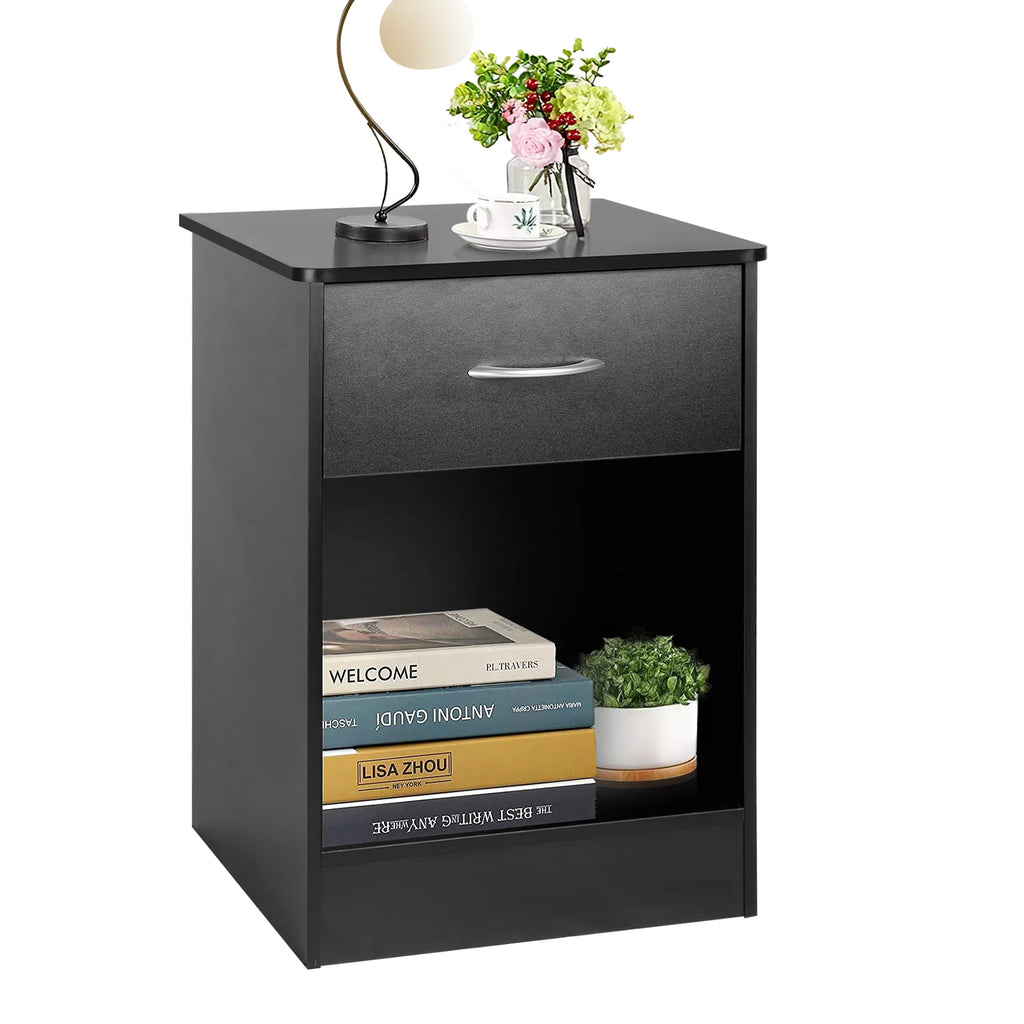Black 2pcs Wood Nightstand with Drawer F89951