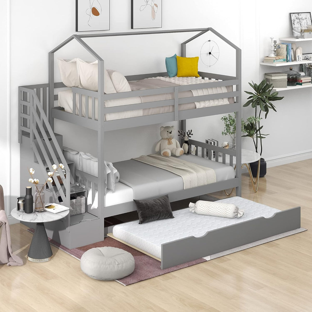 Twin Over Full/Twin Bunk Bed with Staircase Storage Shelves Drawers White G206