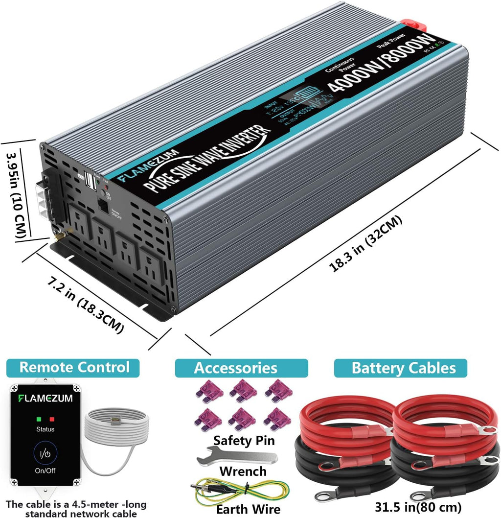 Pure Sine Wave Power Inverter 4000Watt 12V DC to AC 110V with Remote Control 4 AC Outlets Dual USB Port W190378