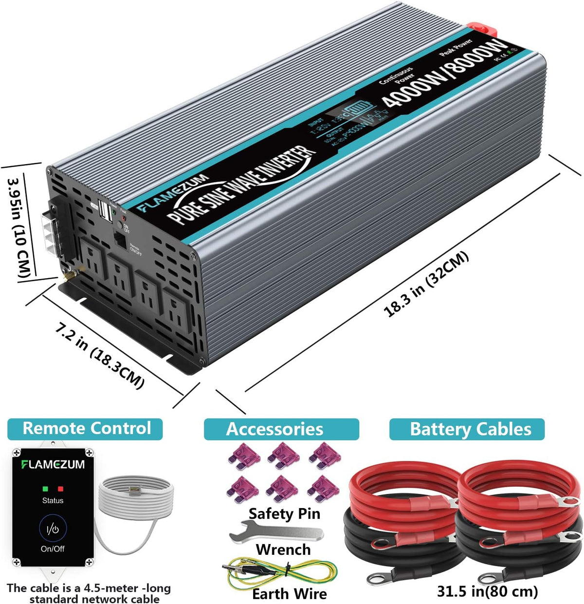Pure Sine Wave Power Inverter 4000Watt 12V DC to AC 110V with Remote Control 4 AC Outlets Dual USB Port W190378