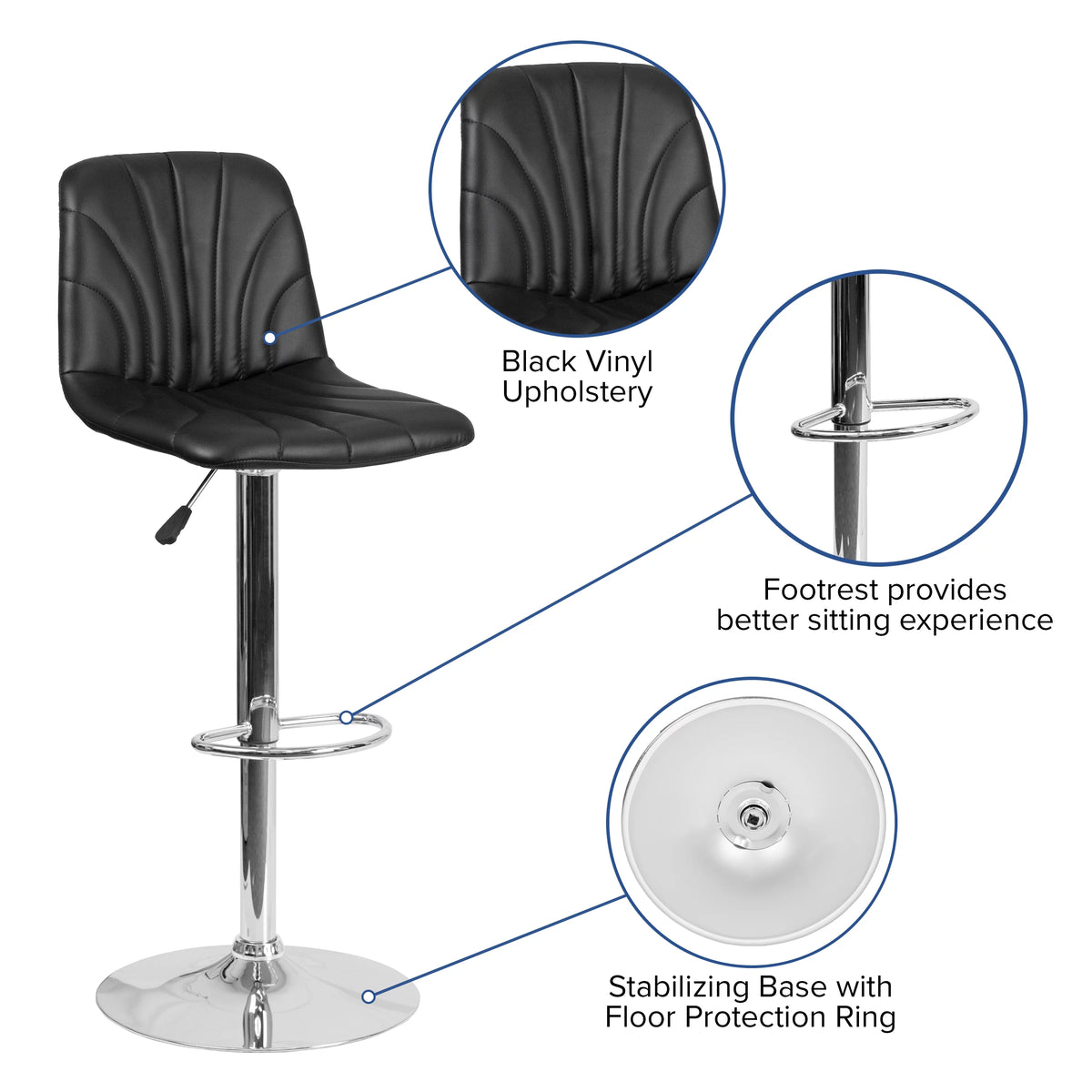 Black Vinyl Adjustable Height Barstool with Chrome Base E683