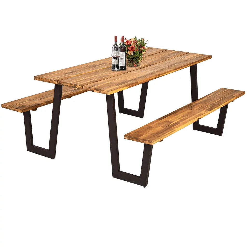 Wooden Picnic Table Bench Set with Umbrella Hole I827120