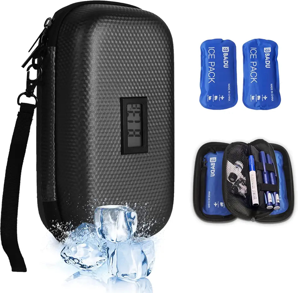 Black TSA Approved Insulin Cooler Travel Case with Thermometer and 2 Ice Pack U432