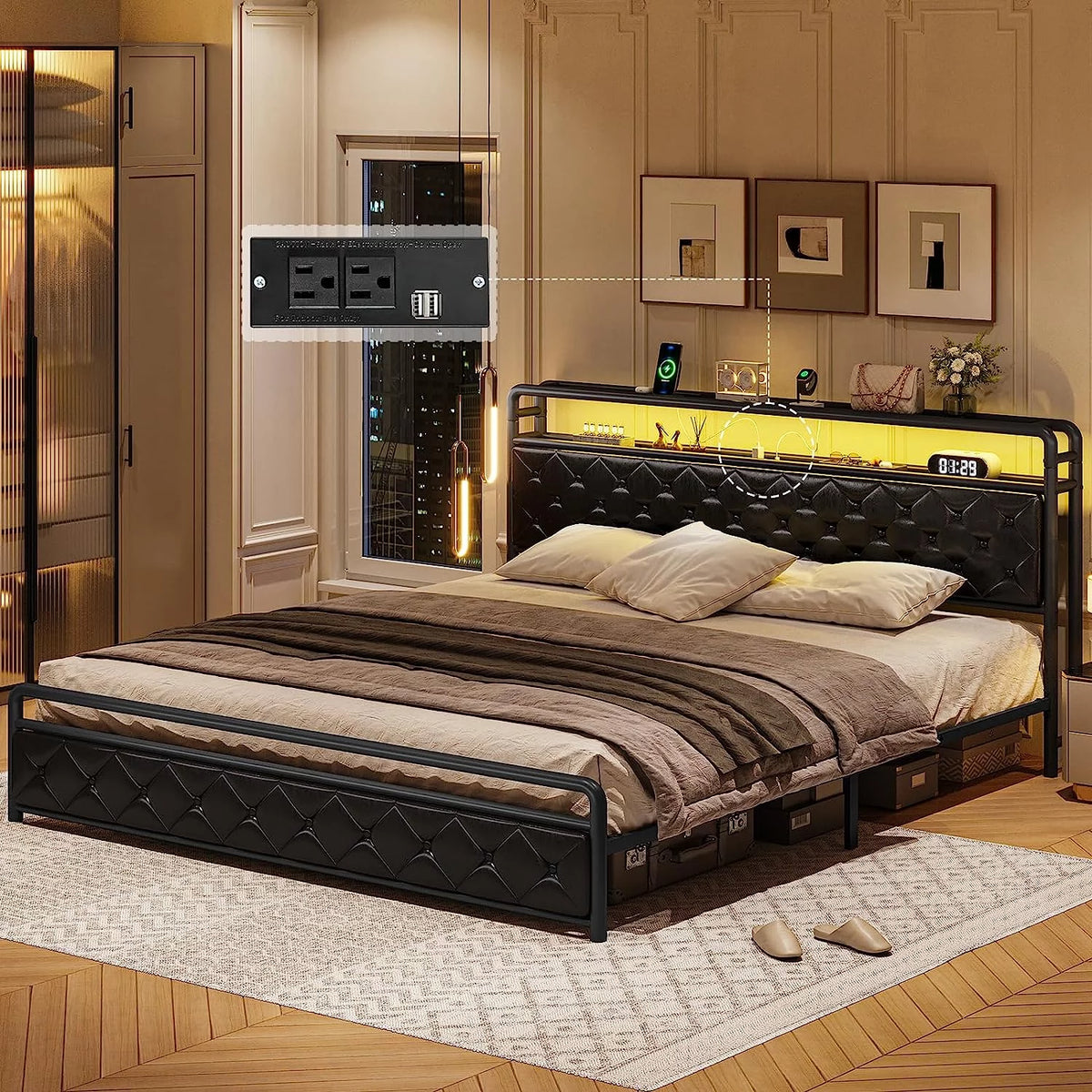 King Size Faux Leather Upholstered Platform Bed with LED Headboard C47604