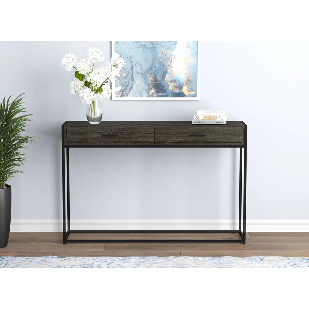 48"L 2-Drawers Black Metal Console Table Dark Grey Wood G8468
