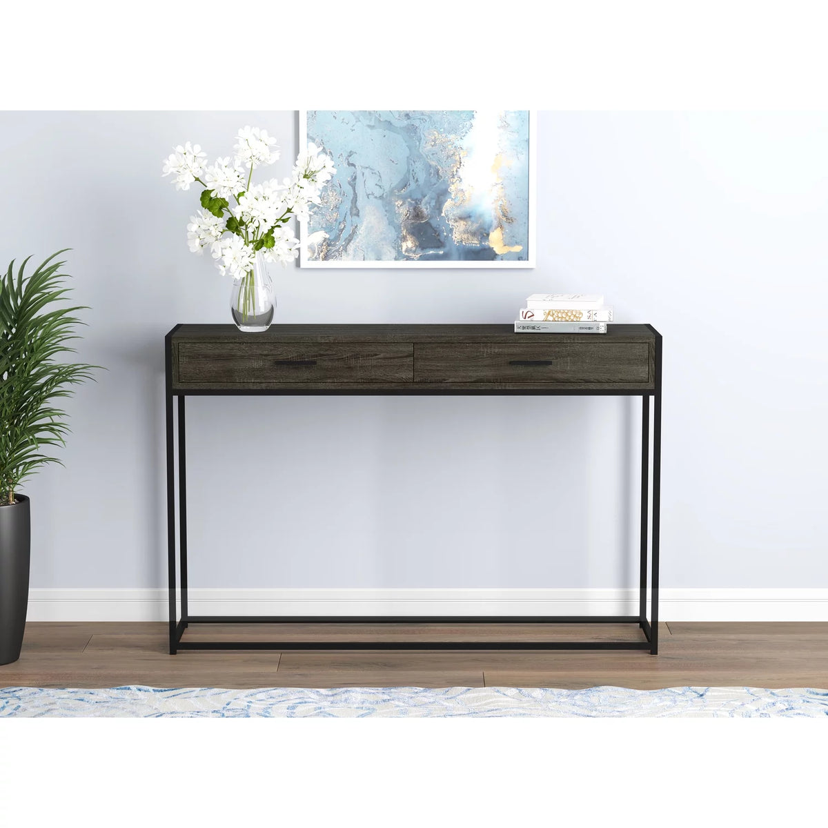 48"L 2-Drawers Black Metal Console Table Dark Grey Wood G8468