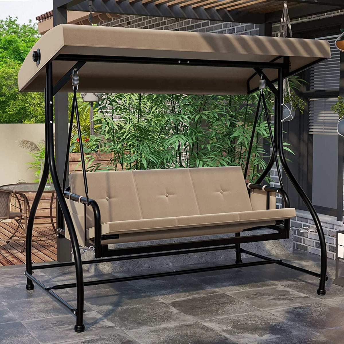 3 Person Outdoor Swing Chair with Adjustable Canopy and Cushion M573502