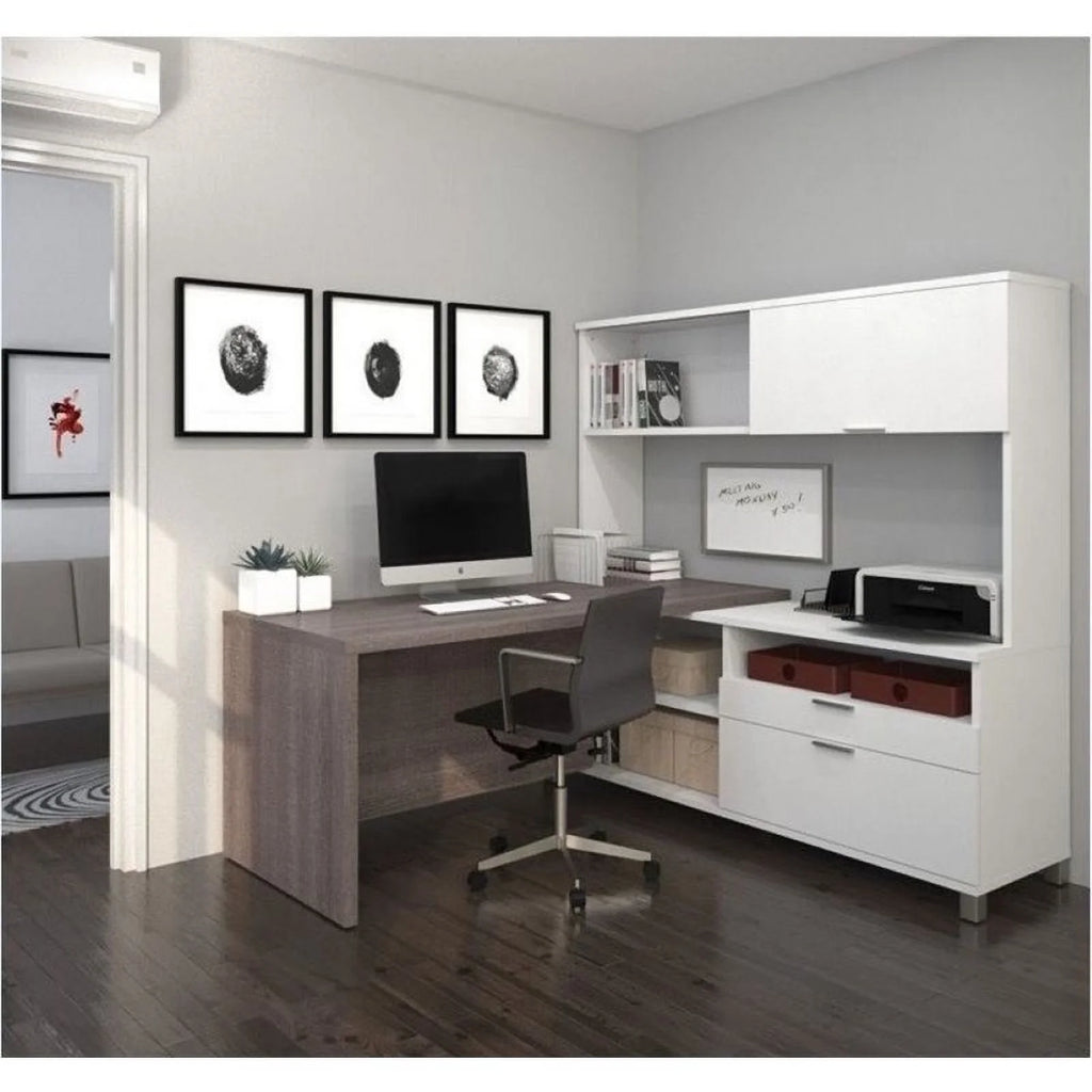 L-Desk with Hutch in White and Bark Gray M249
