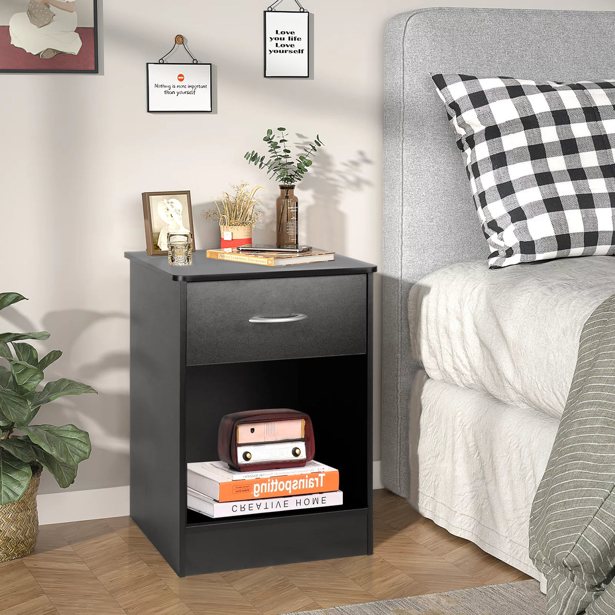 Black 2pcs Wood Nightstand with Drawer F89951