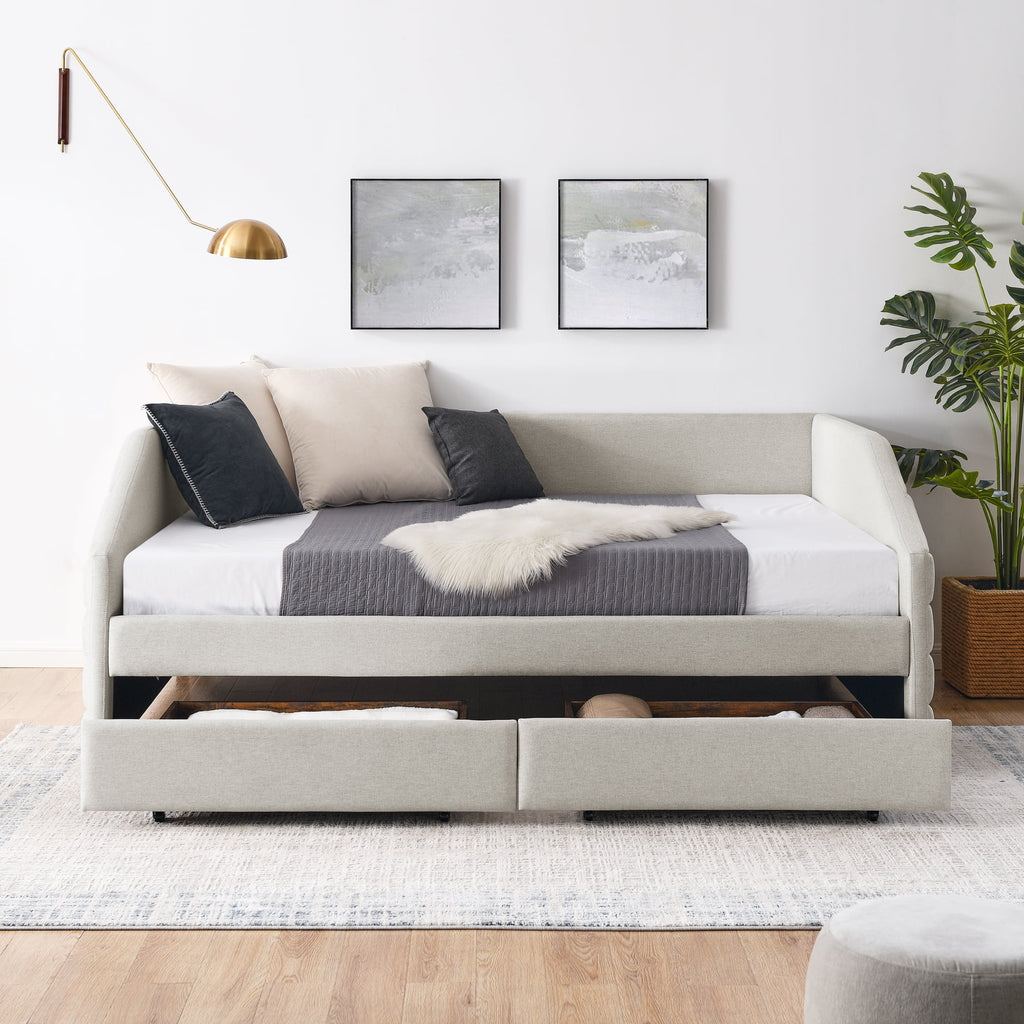 Queen Size Beige Linen Upholstered Daybed with Trundle G124036