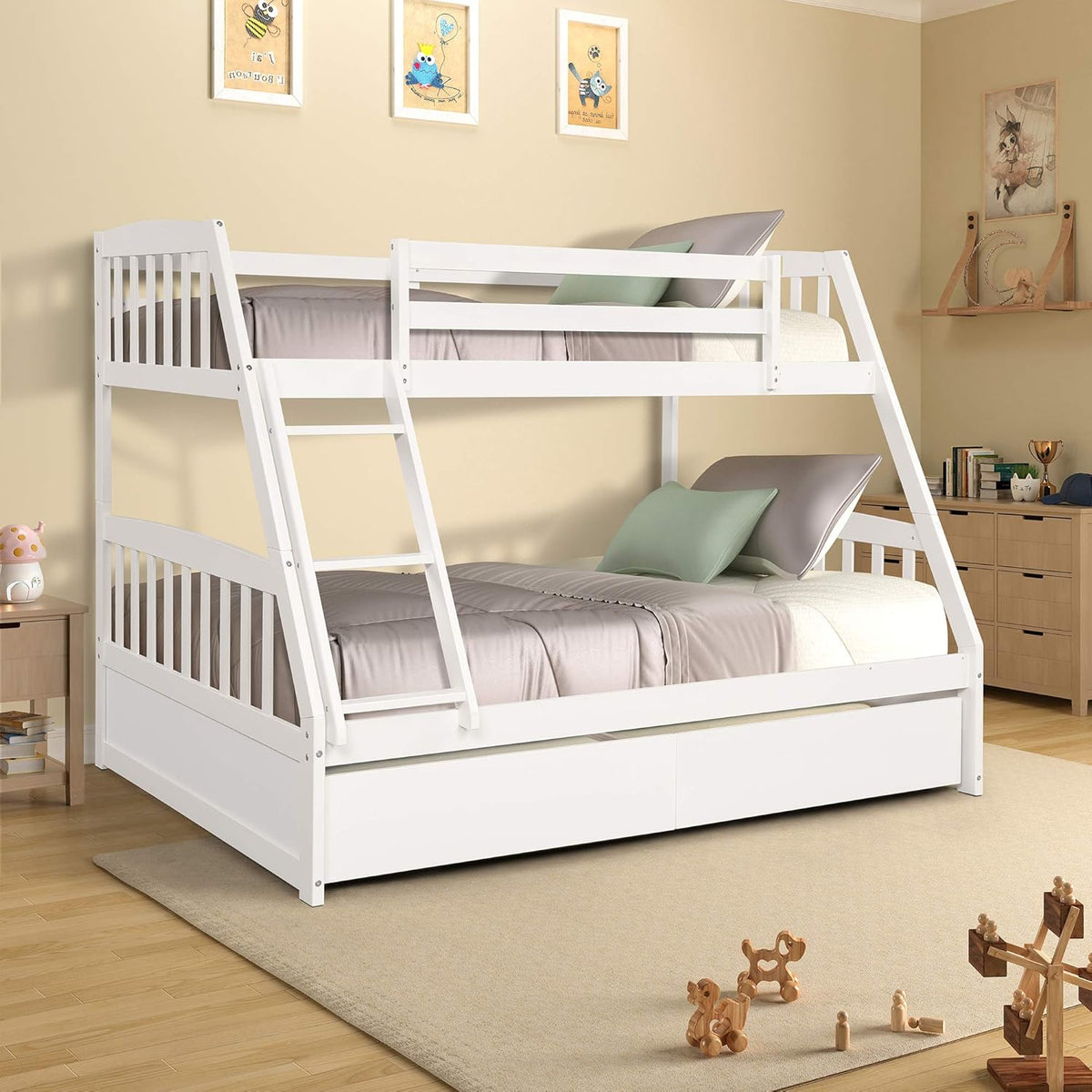 Twin Over Full/Twin Bunk Bed with Staircase Storage Shelves Drawers White G206