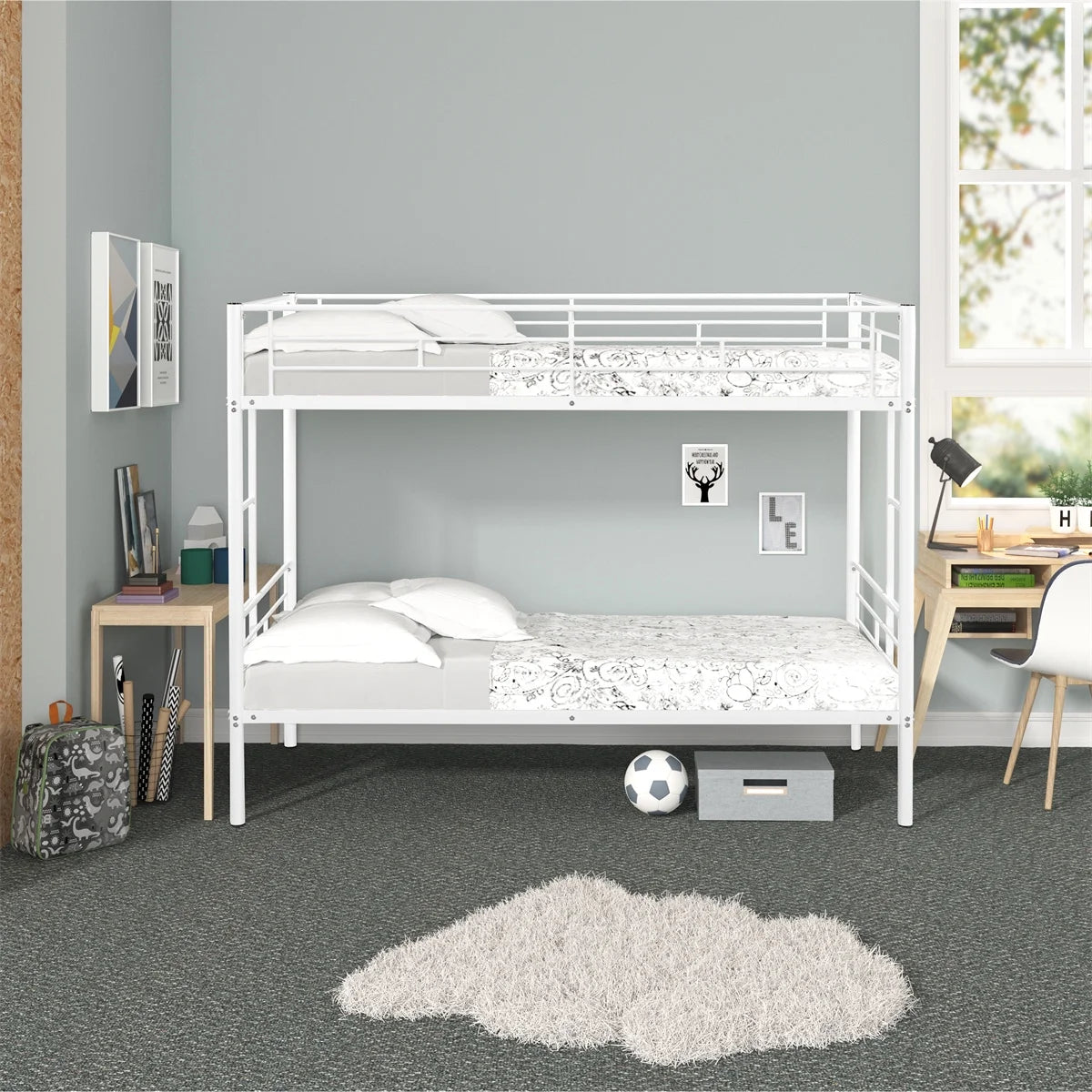 White Twin over Twin Bunk Bed with Guardrail and 2 Side Ladders A496