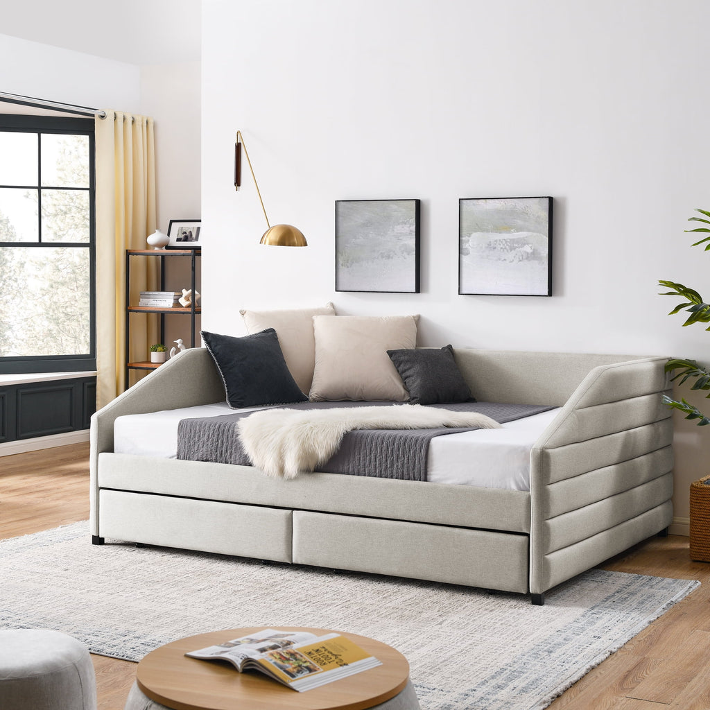 Queen Size Beige Linen Upholstered Daybed with Trundle G124036