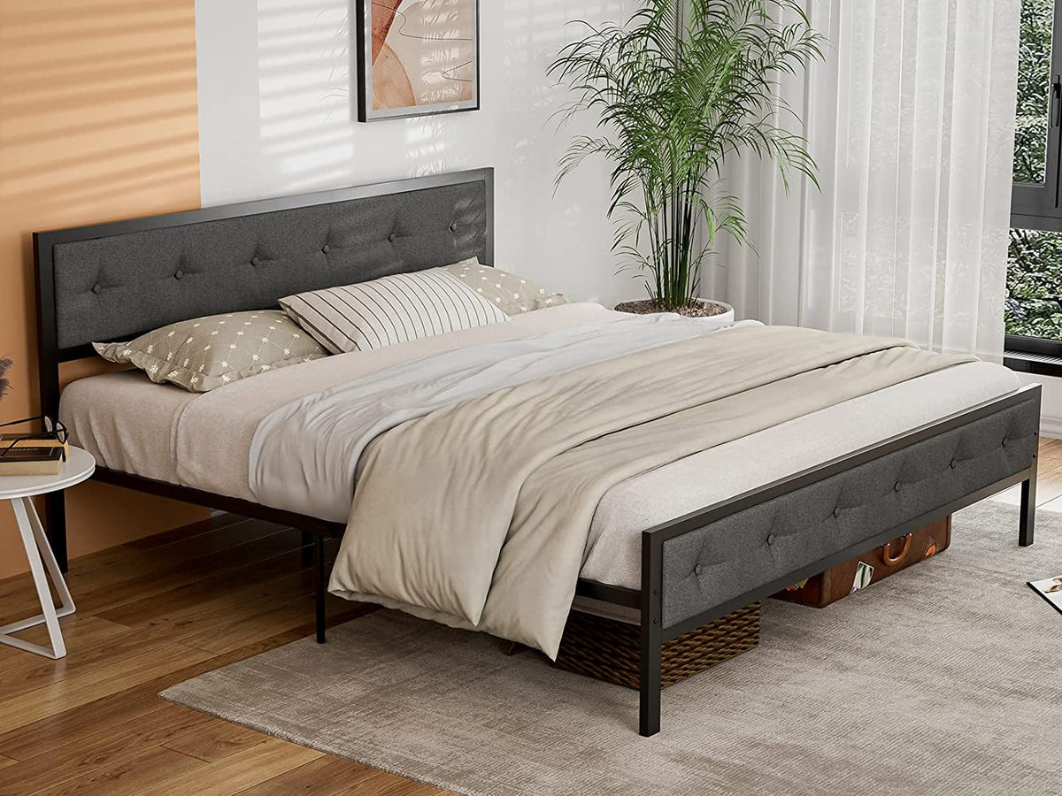 King Size Metal Bed Frame with Upholstered Headboard Footboard H882955