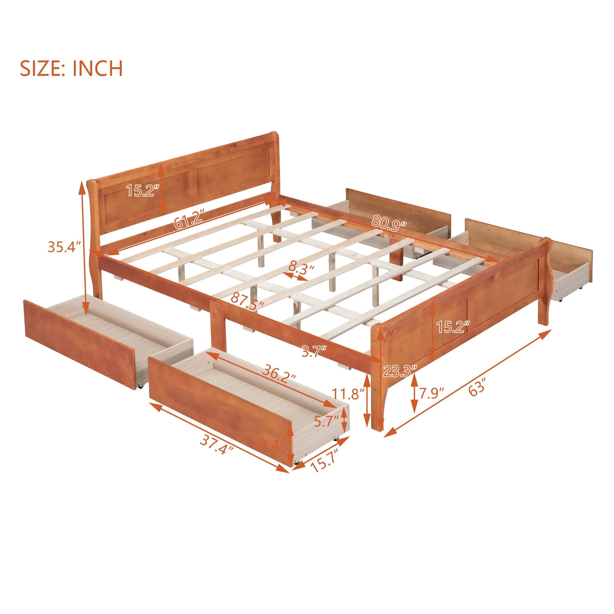 Queen Size Wood Platform Bed Frame with 4 Storage Drawers F909