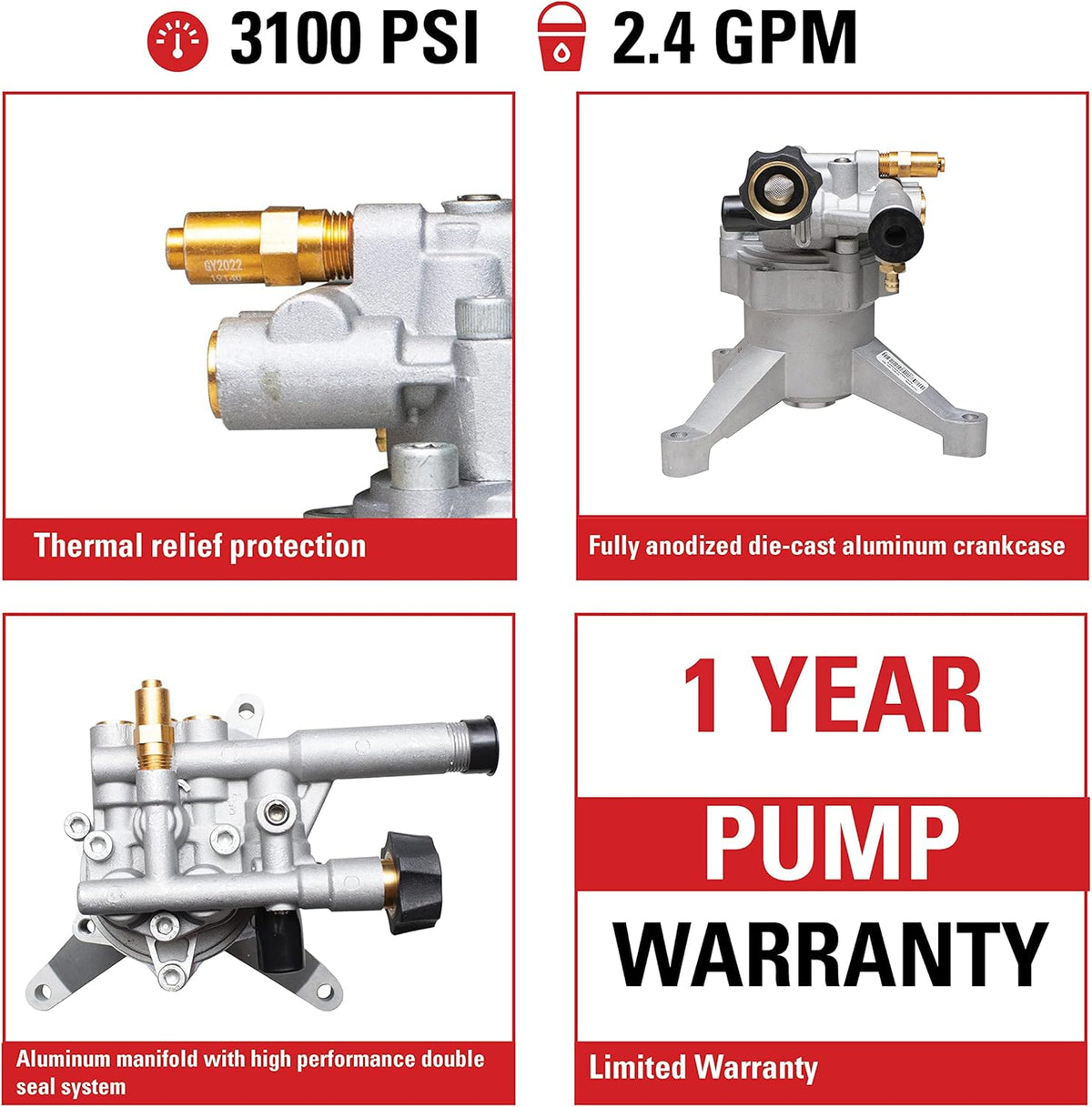 Vertical Axial Cam Pressure Washer Pump Kit, 3100 PSI, 2.4 GPM, 7/8 Shaft D921188