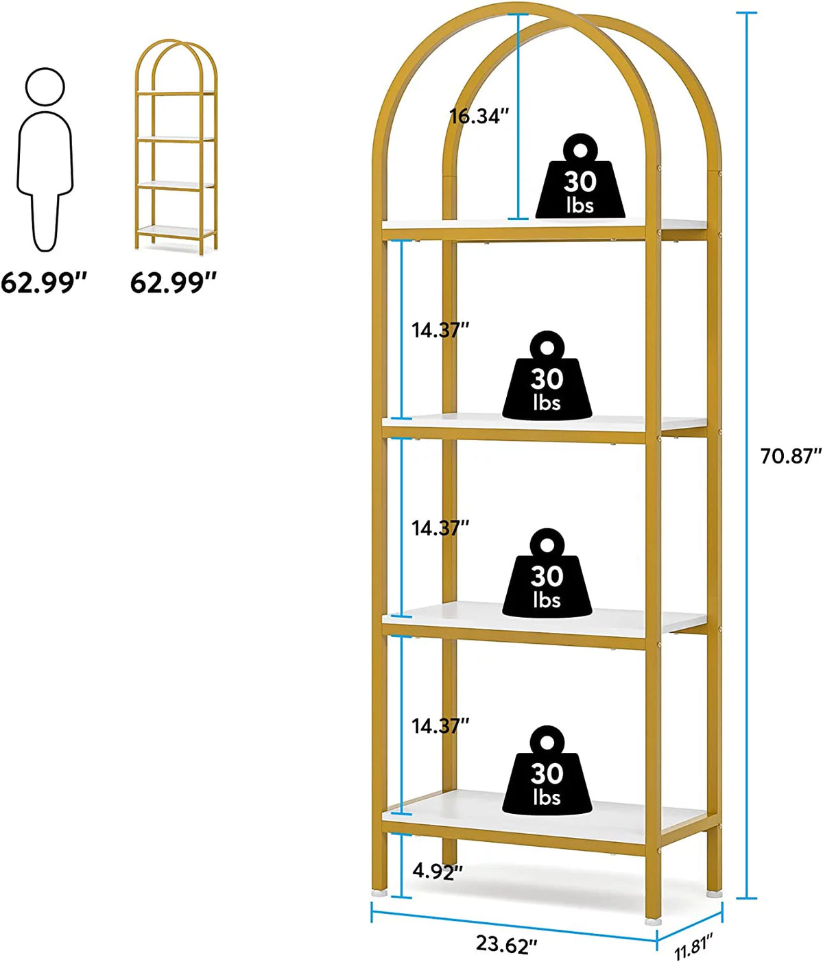 4-Tier 70.8" Arched Bookshelf with Metal Frame Q609321