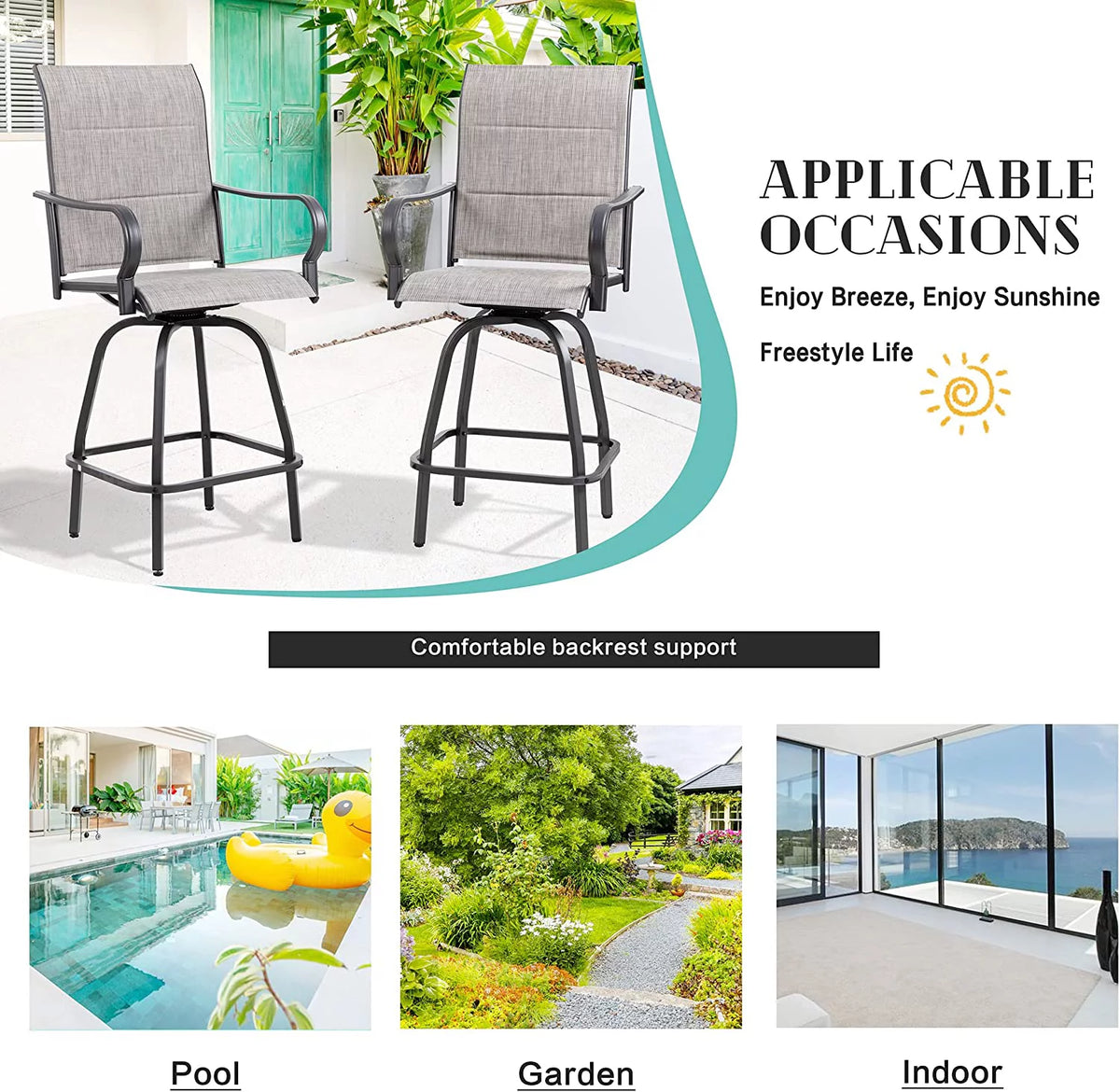 4 Pieces All Weather Padded Sling Textilene Swivel Bar Stools N405