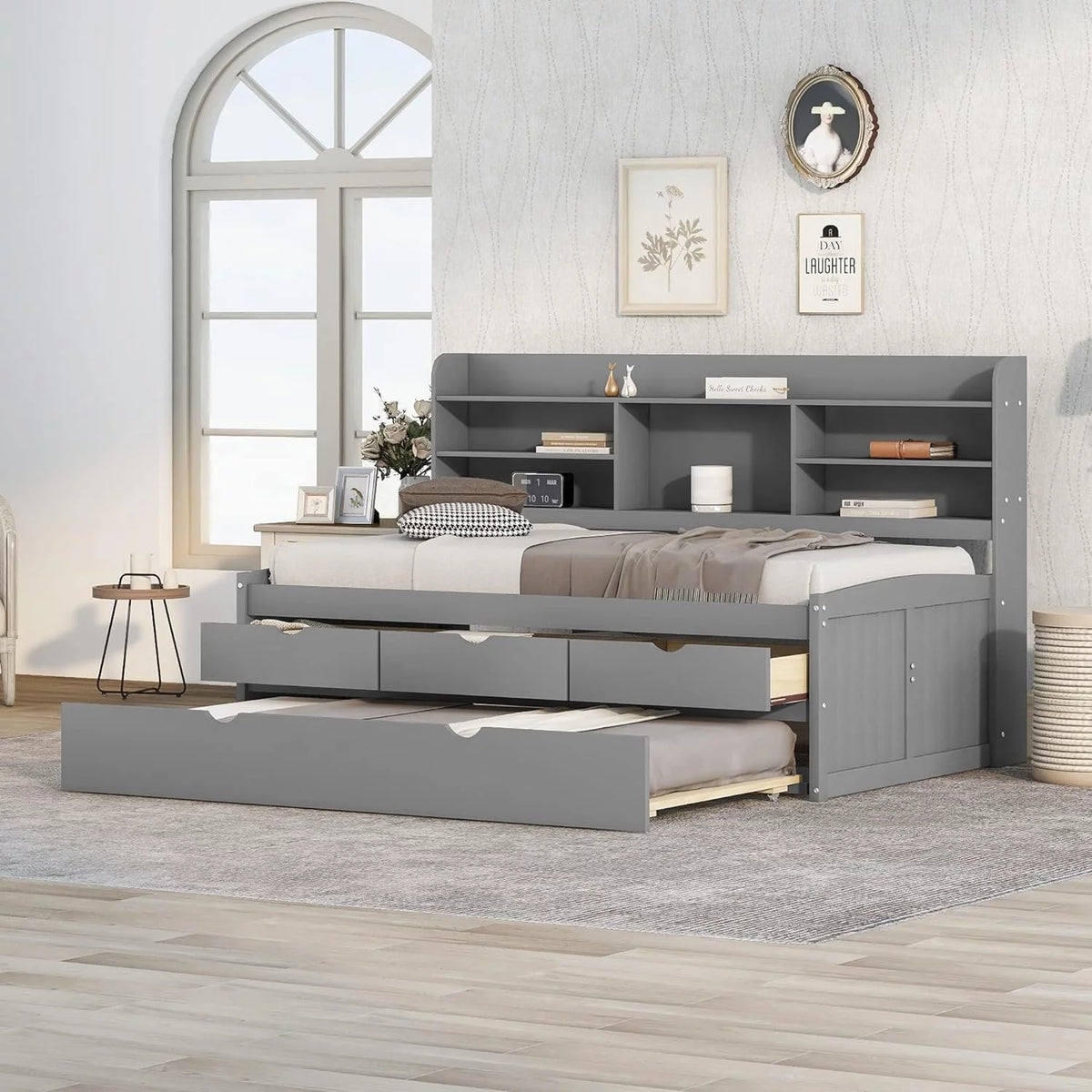 Light Grey Wood Day Bed with 3 Drawers V50629