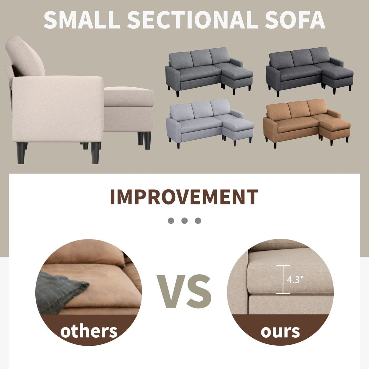 Convertible Sectional Sofa L-Shaped Linen Fabric Dark Gray J5725