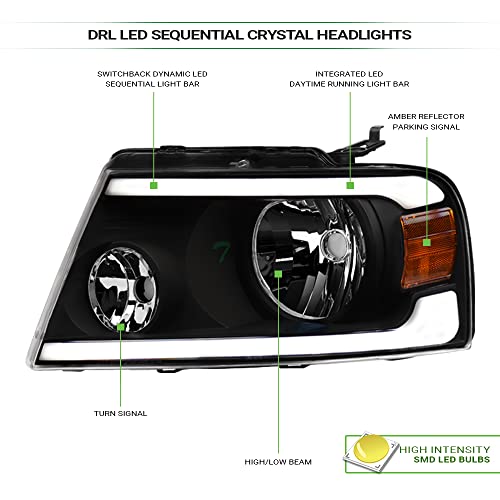Sequential LED Strip Bar Black Housing Headlights With Amber Reflector P927