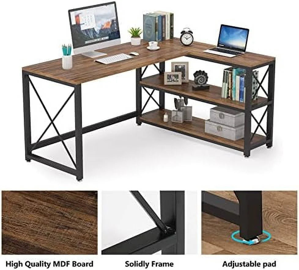Reversible L-Shaped Corner Computer Desk with Shelves V910872
