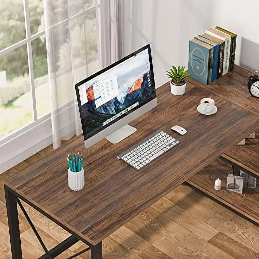 Reversible L-Shaped Corner Computer Desk with Shelves V910872