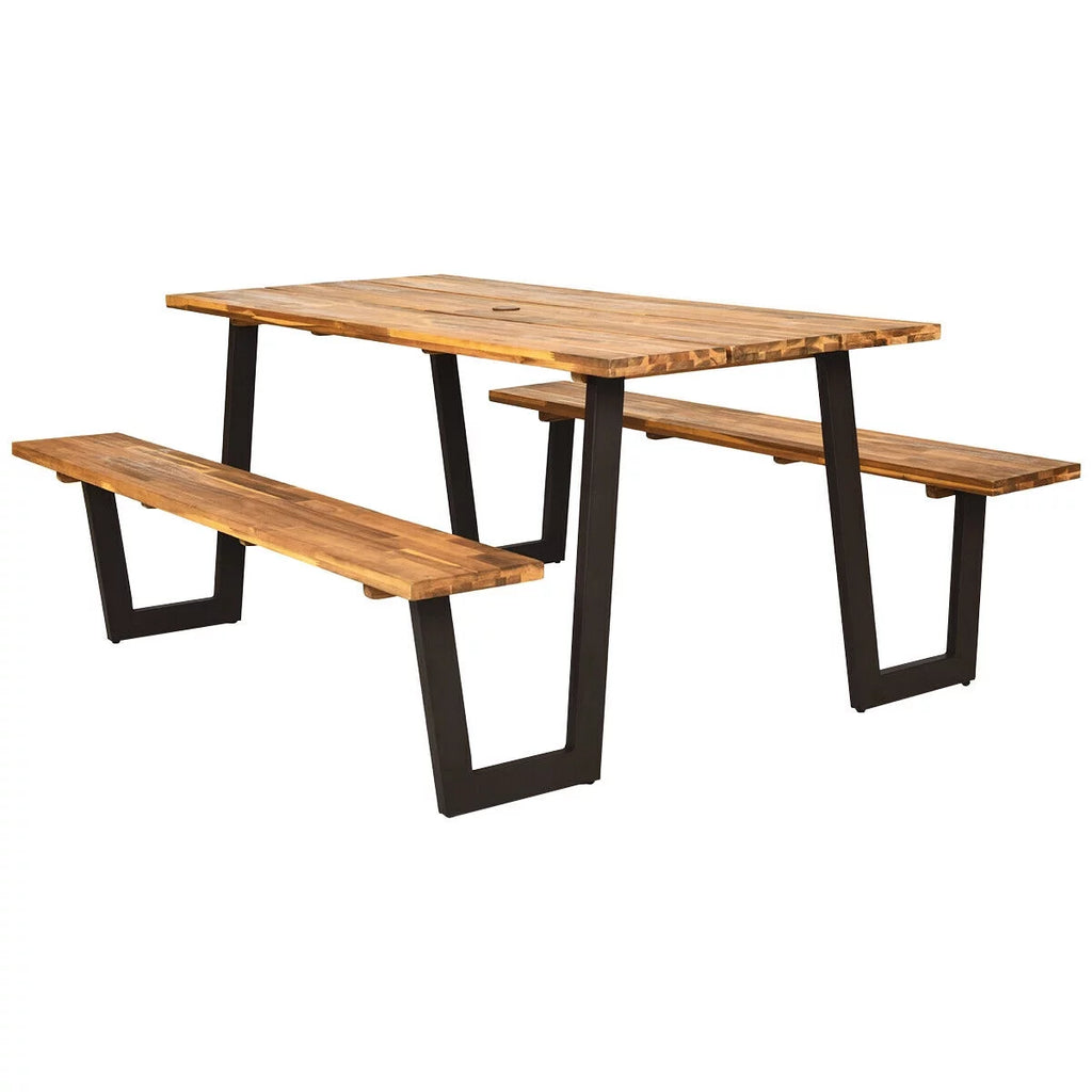 Wooden Picnic Table Bench Set with Umbrella Hole I827120