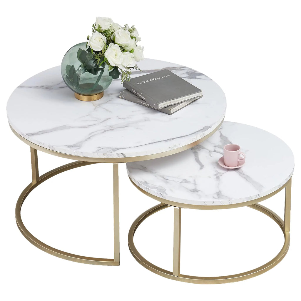 Round Nesting Coffee Tables Set of 2 Marble Black Metal V9914
